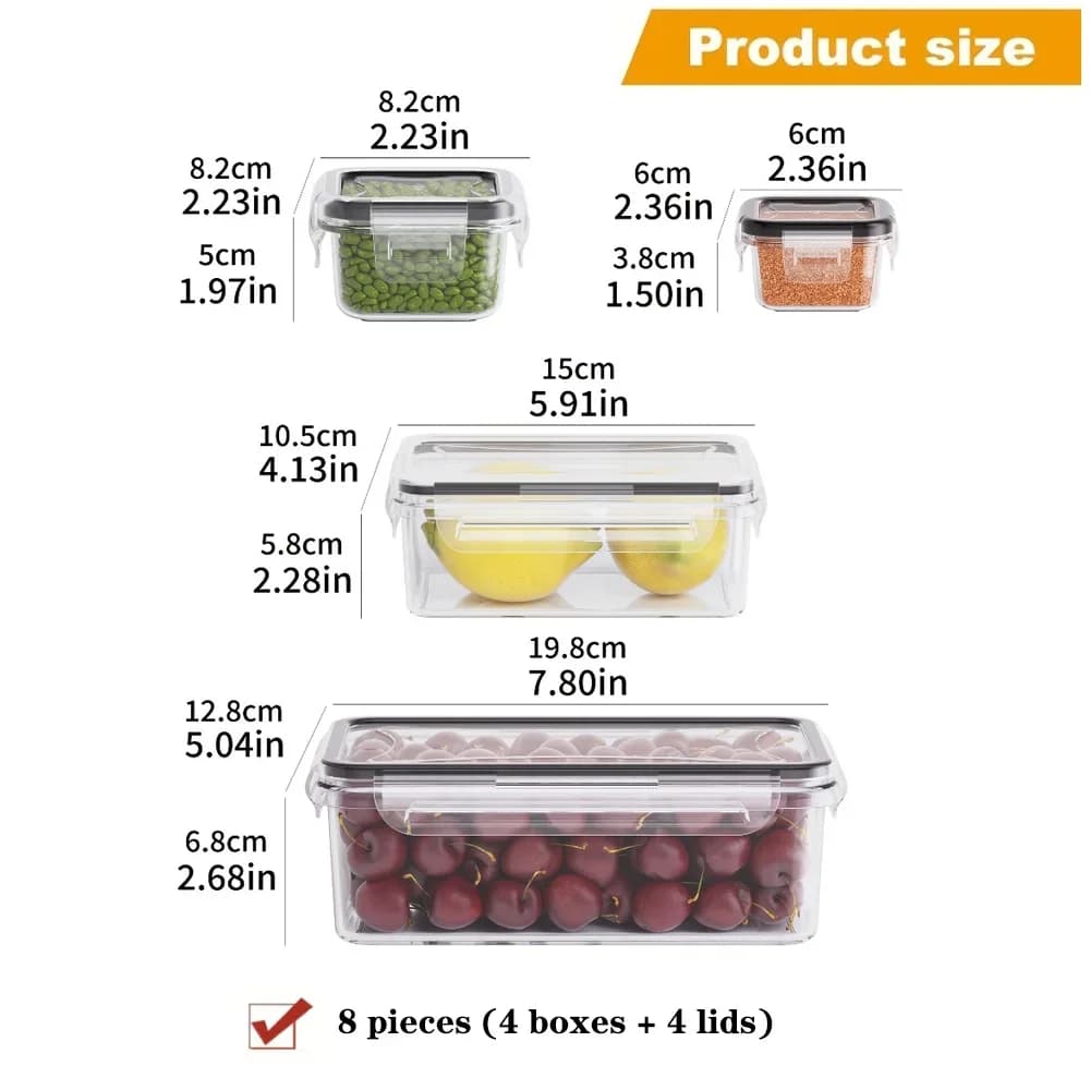 8 vnt. sandarių maisto indelių rinkinys su užspaudžiamais dangteliais (be BPA) – saugu naudoti mikrobangų krosnelėje ir šaldiklyje, sausiems produktams, vaisiams ir daržovėms