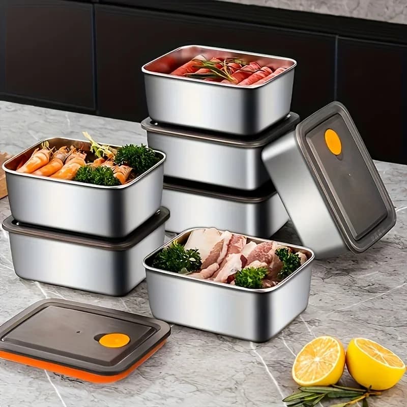 4 dalių nerūdijančiojo plieno maisto dėžučių rinkinys – sandarios, sudedamos viena į kitą, be BPA