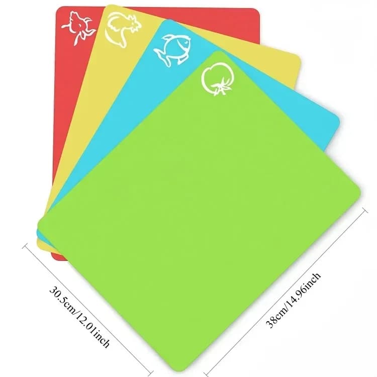 Lanksčių neslystančių pjaustymo lentelių rinkinys virtuvei su maisto piktogramomis, 4 vnt.